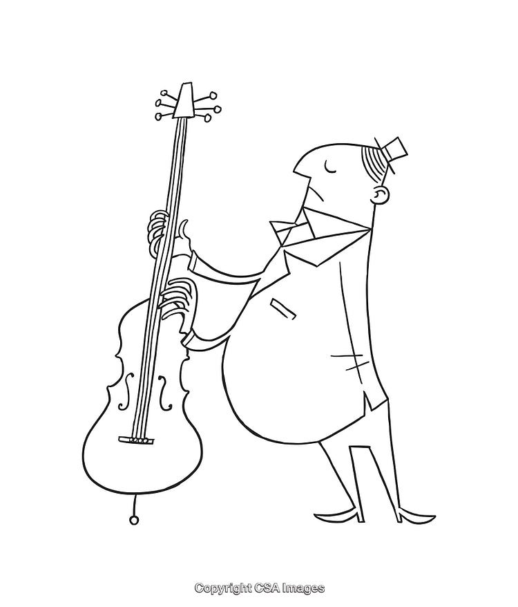 Cartoon Line Art of Musician Playing Double Bass in Black and White
