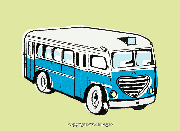 Illustration of a Stylized Blue Vintage Bus on a Green Background