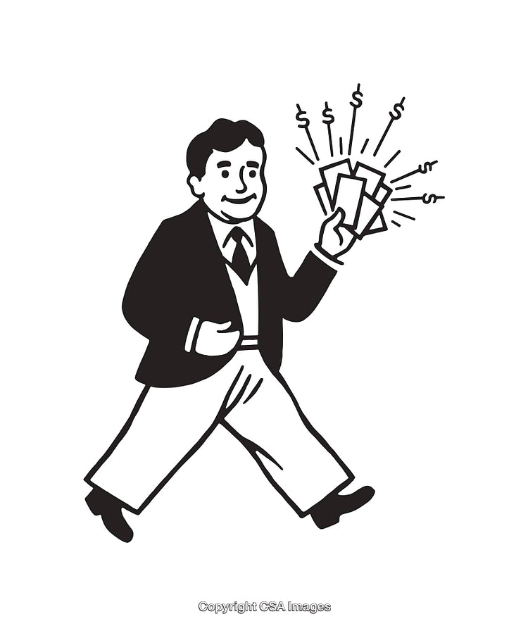 Retro Line Art Illustration of Businessman Holding Money