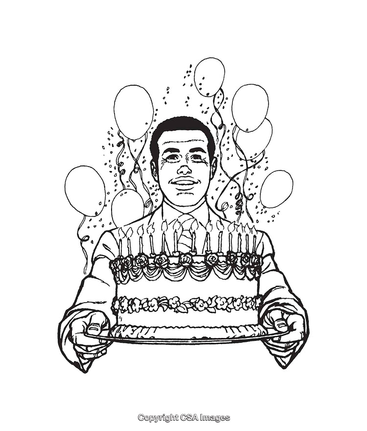 Line Art Illustration of a Birthday Celebration with Cake and Balloons