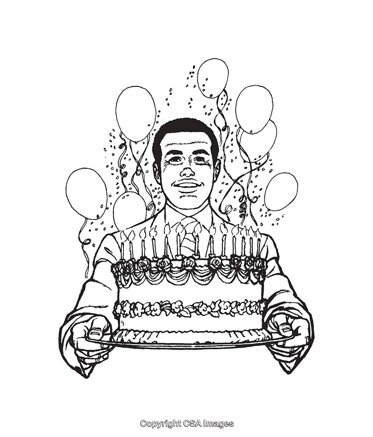 Line Art Illustration of a Birthday Celebration with Cake and Balloons
