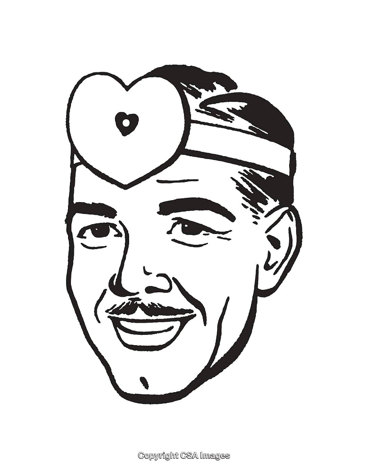 Retro Black and White Illustration of Smiling Man with Heart Symbol