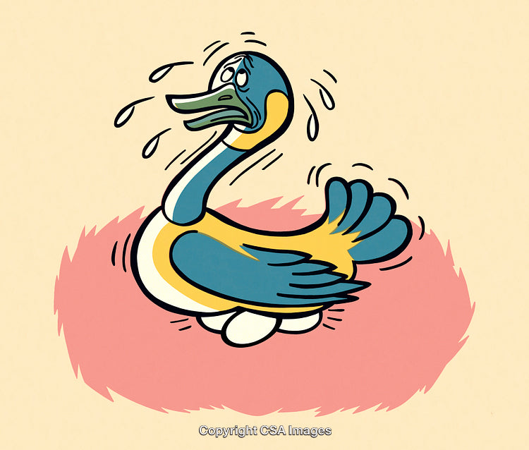 Cartoon Illustration of a Tearful Duck Sitting on a Nest