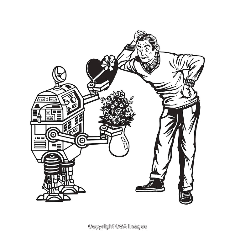 Robot Offering Bouquet and Gift to Man in Black and White Line Art