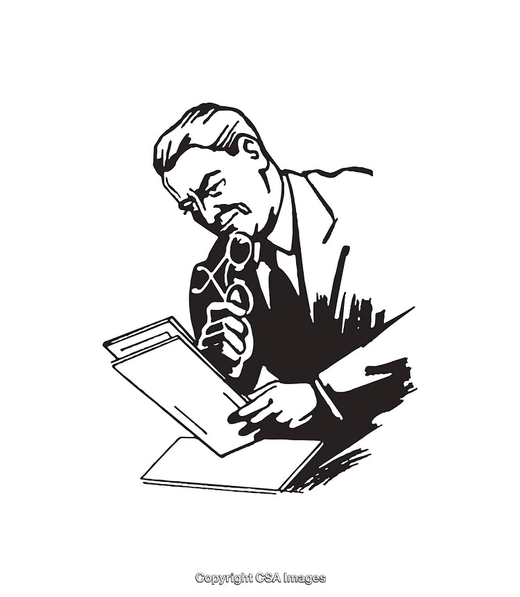 Vintage Black and White Illustration of a Man Studying a Document