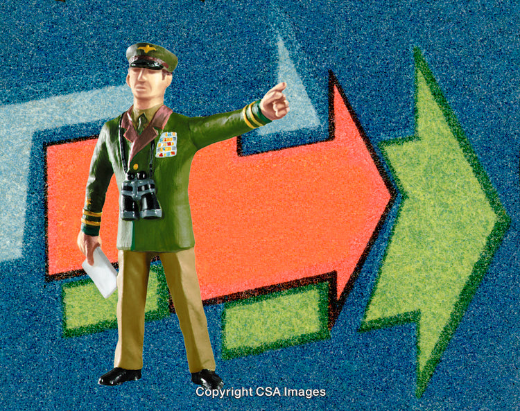 Toy Military Figure on Vibrant Background with Colorful Arrows