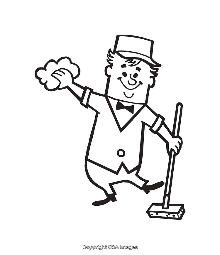 Cartoon Janitor Cleaning with Mop and Cloth in Black and White Art