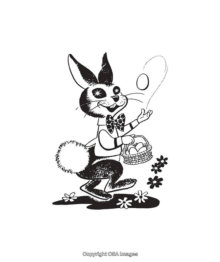 Black and White Illustrative Easter Bunny With Basket of Eggs and Flowers