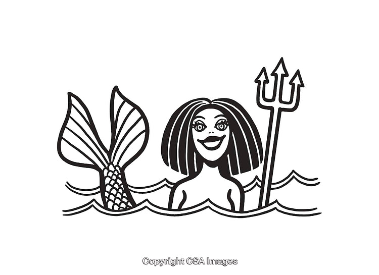 Black and White Line Art Illustration of Mermaid with Trident in Waves
