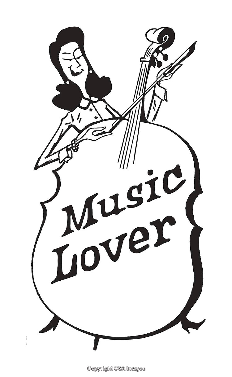 Black And White Drawing of Woman Playing Cello with Enthusiastic Expression