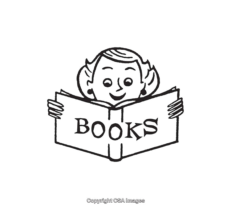Black and White Illustration of a Child Reading a Book