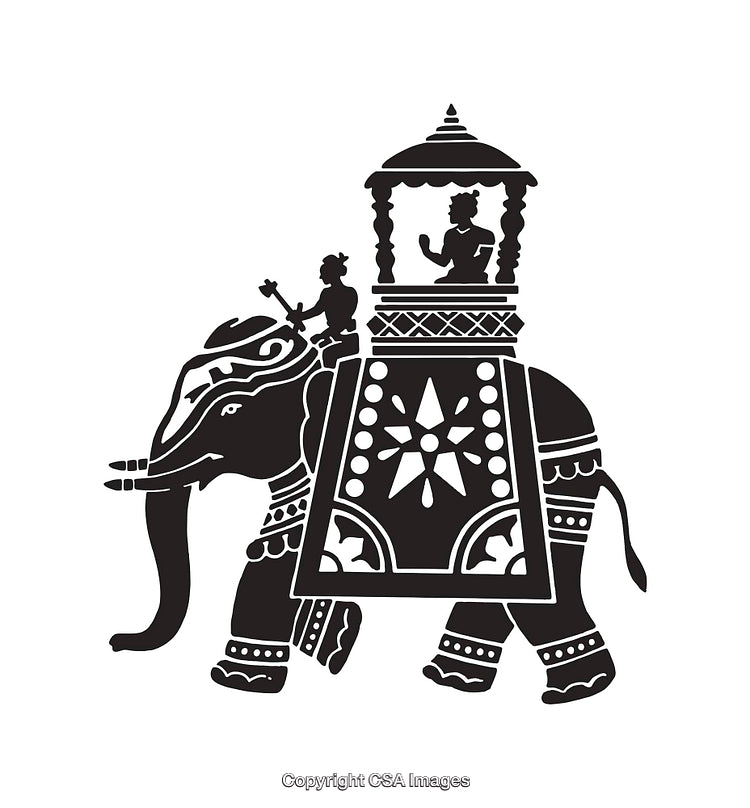 Decorative Black and White Elephant Illustration with Traditional Indian Motifs