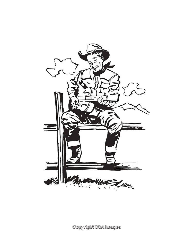 Black and White Illustration of Cowboy Playing Guitar on Fence