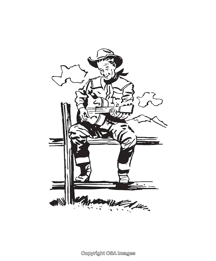 Black and White Illustration of Cowboy Playing Guitar on Fence