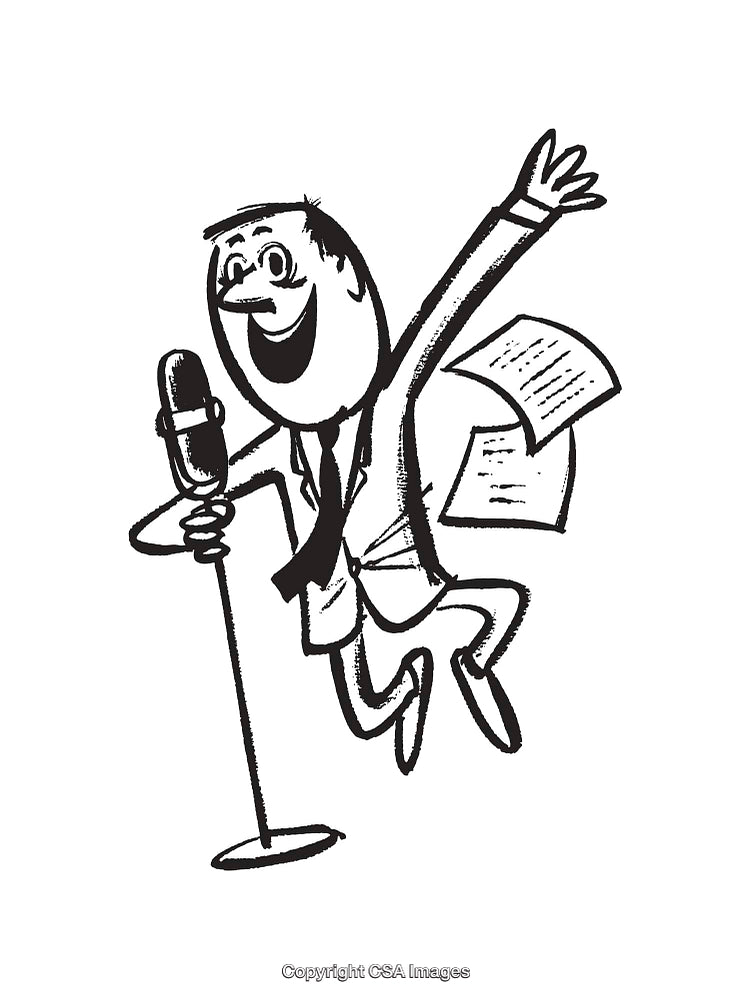 Excited Announcer In Vintage Line Art Style Celebrating With Enthusiasm