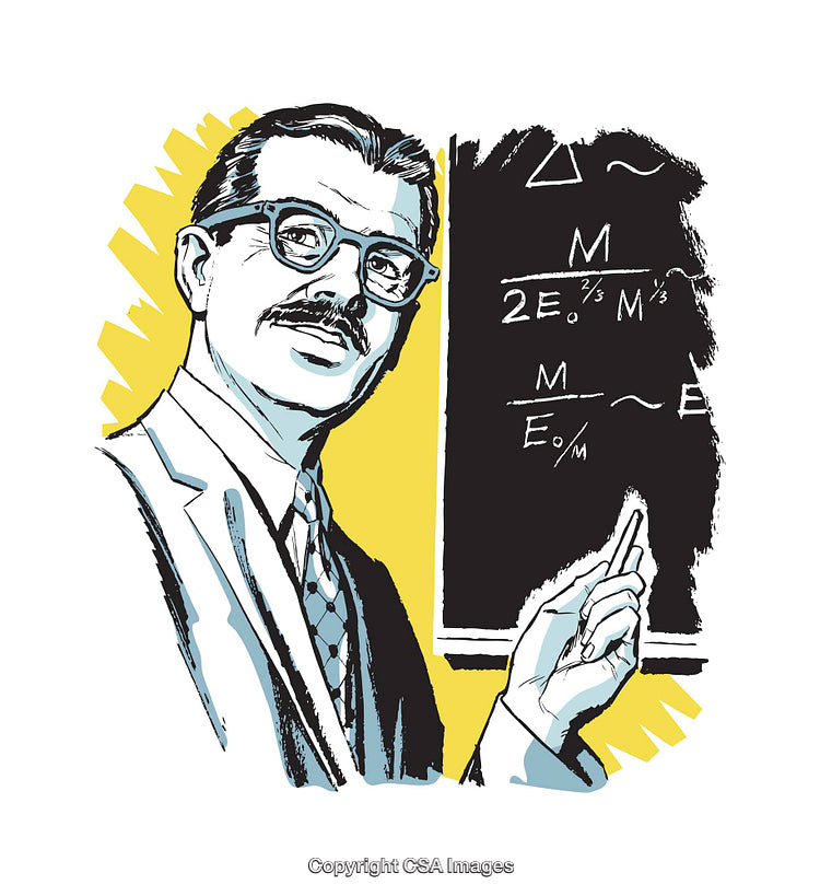 Vintage Illustration of a Man Teaching at a Blackboard With Mathematical Formulas