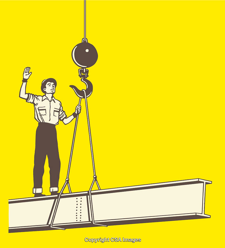 Worker Operating a Crane Hook Lifting Steel Beam Illustration on Yellow Background