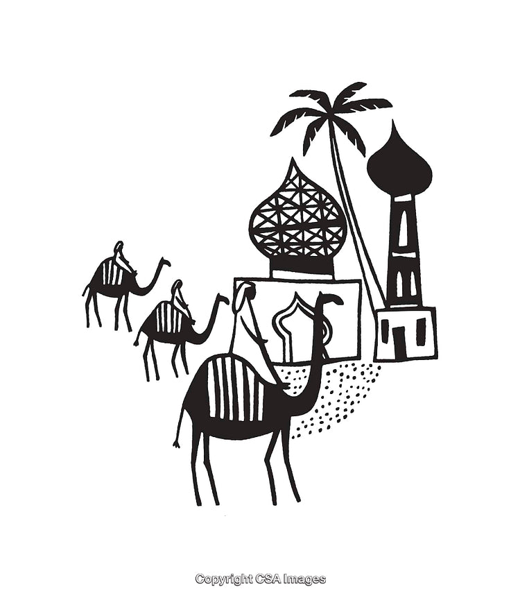 Black and White Illustration of Camels and Middle Eastern Architecture
