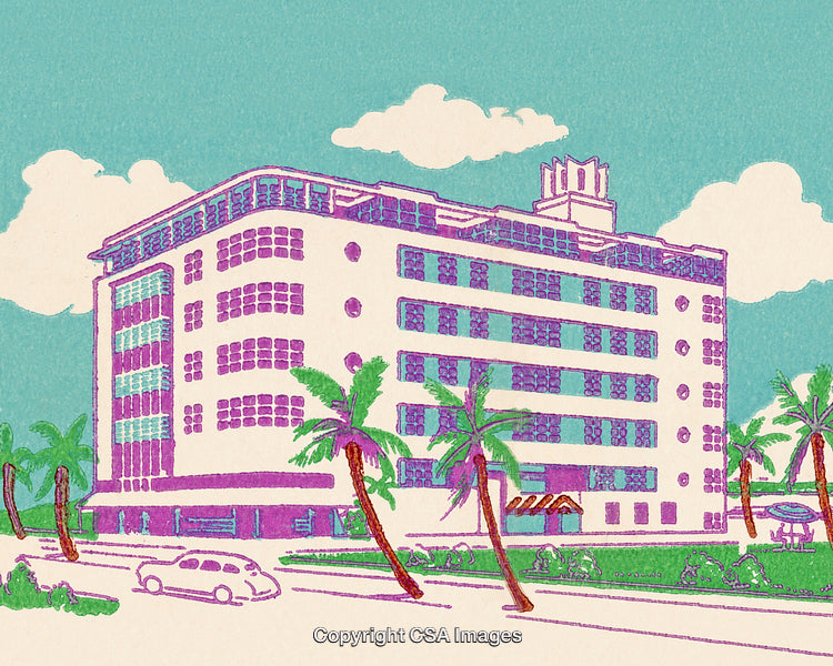Artistic Illustration of a Colorful Urban Building with Tropical Trees
