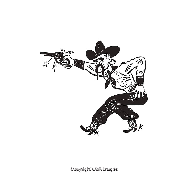 Vintage Cowboy Illustration in Black and White Line Art Style