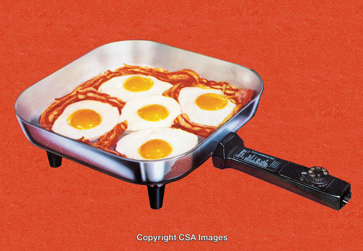 Vintage Styled Skillet Cooking Eggs and Bacon on Red Background