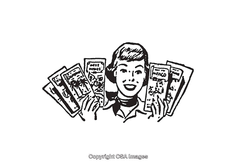 Retro Illustration of Woman with Varied Pamphlets in Black and White
