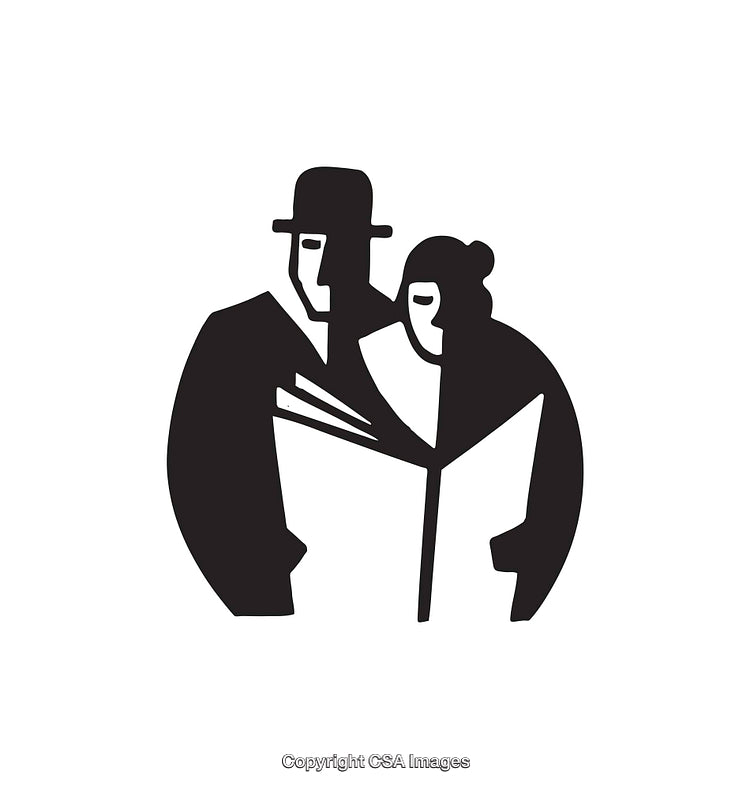 Black and White Line Art Illustration of Two People Reading Together
