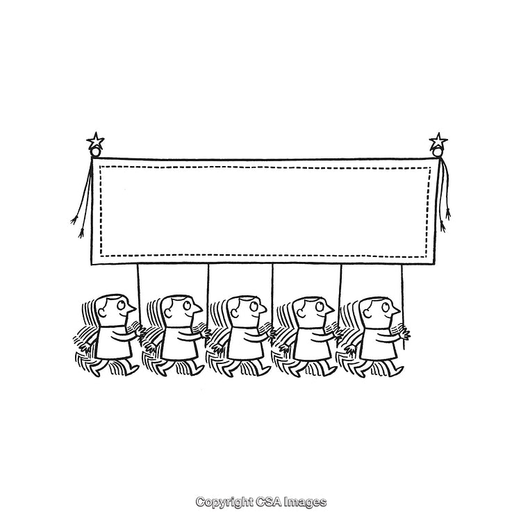 Cartoon Group Holding a Blank Banner in Black and White Outline Style