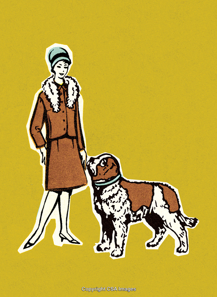 Stylish Woman With St. Bernard Dog on Bold Yellow Background