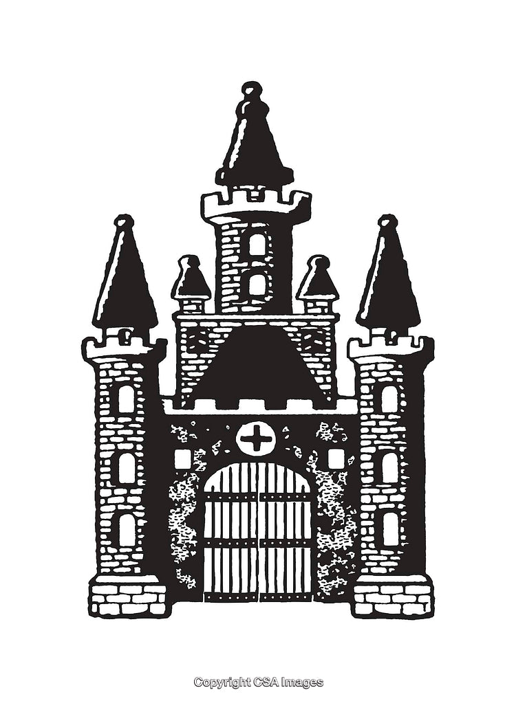 Black and White Line Art of a Medieval Castle with Towers