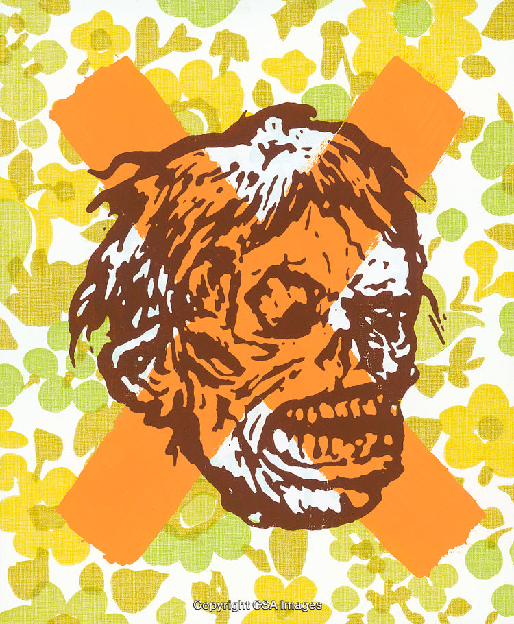 Vivid Retro Art of Grimacing Skeleton Over Floral Yellow Background