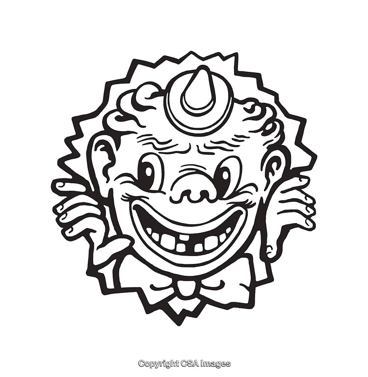 Vintage Black and White Clown Illustration with Explicit Laughter Face