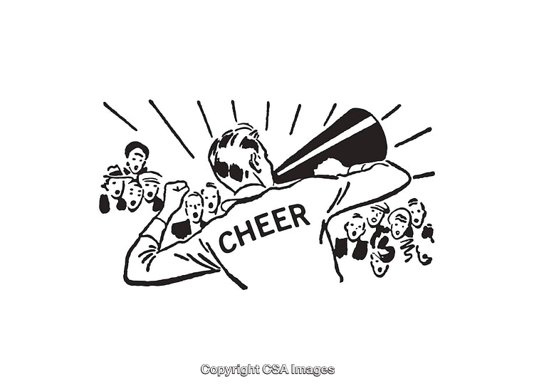 Vintage Line Art Illustration of Cheer Enthusiasts in Black and White