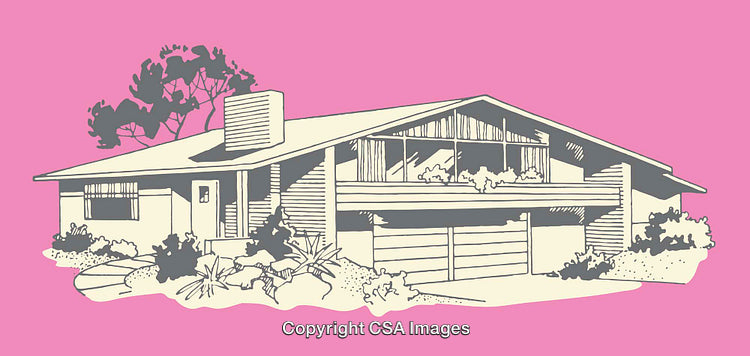 Mid-Century Modern House in Retro Style Line Art Illustration
