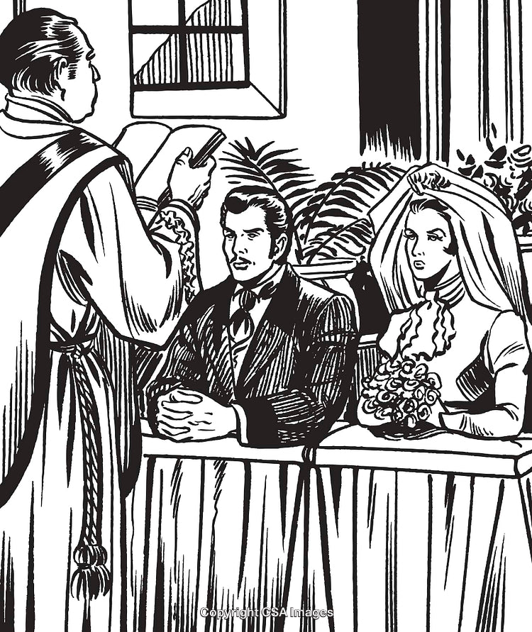 Vintage Illustration of a Traditional Wedding Ceremony with Bride and Groom