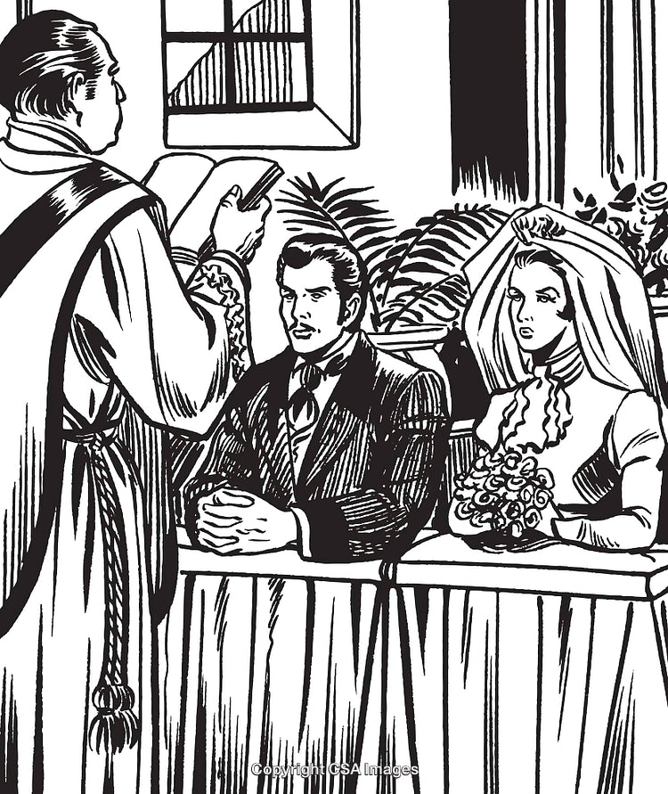 Vintage Illustration of a Traditional Wedding Ceremony with Bride and Groom