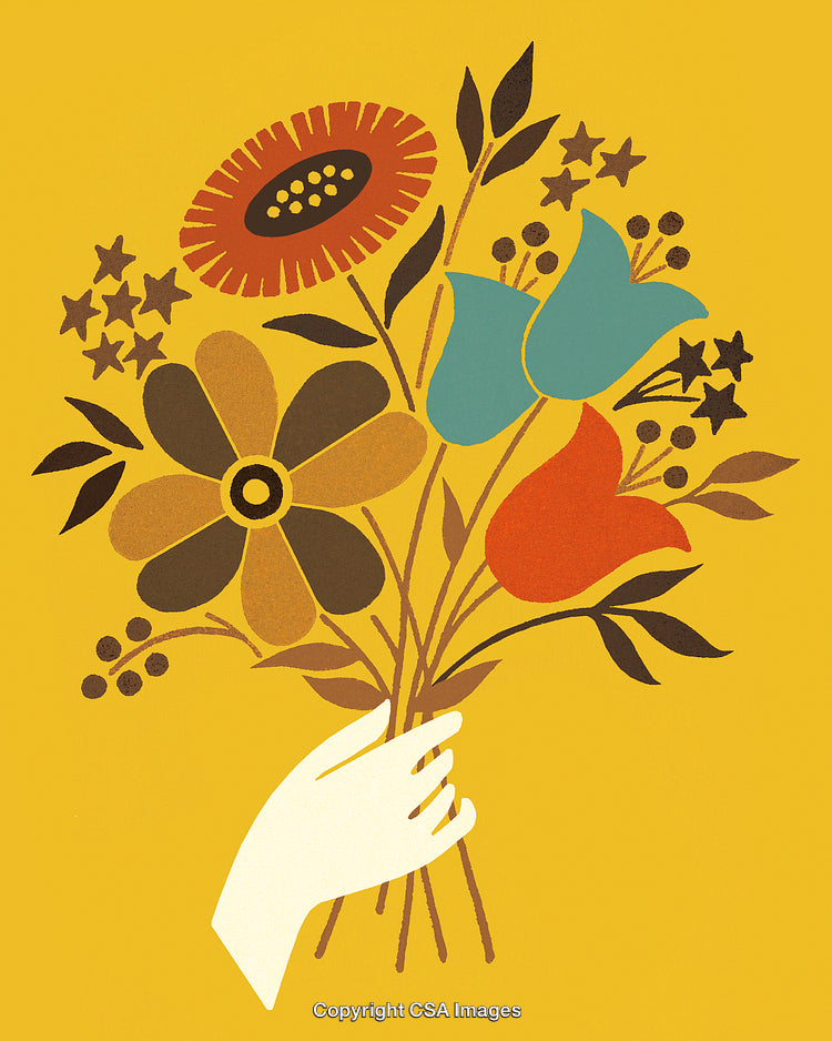 Hand Holding Vibrant Floral Bouquet on a Yellow Background