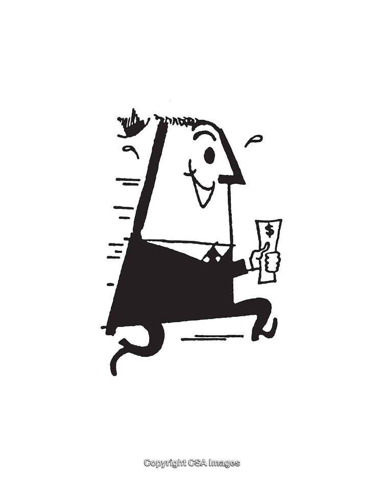 Cartoon Character Running with Money in Hand in Black and White Art