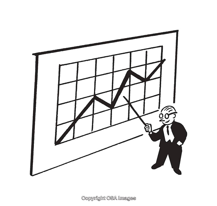 Businessman Presenting Performance Trends on a Line Graph in Black and White Art