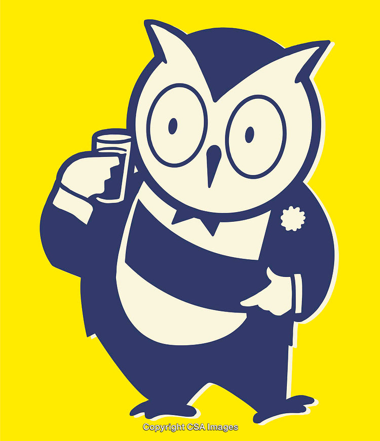 Cartoon Owl in Formal Attire Holding a Glass on Yellow Background