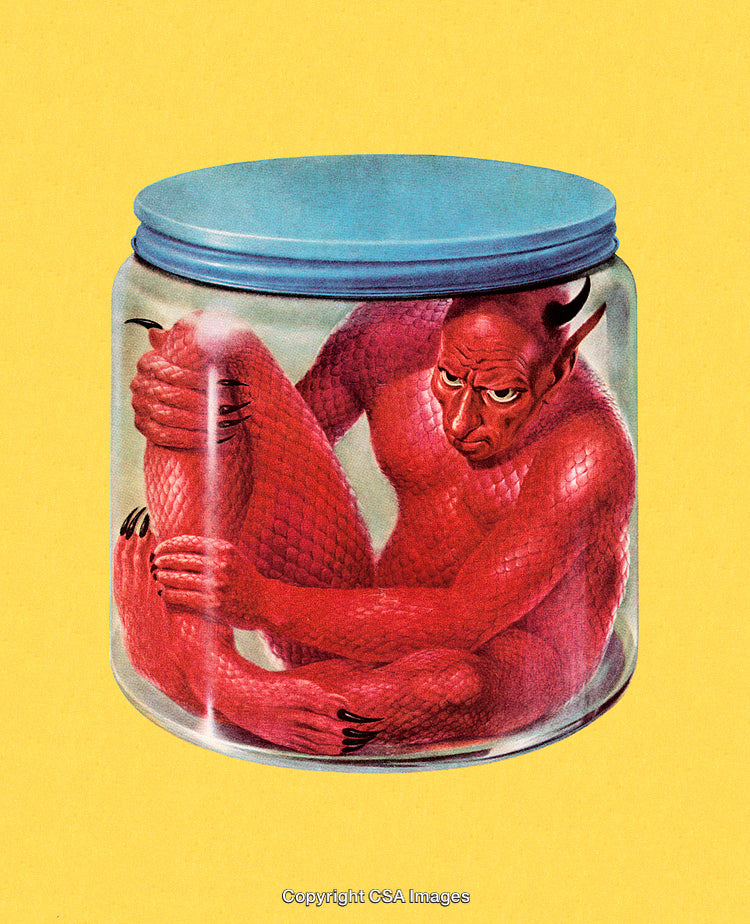 Red Fantasy Creature Enclosed in a Glass Jar on Yellow Background