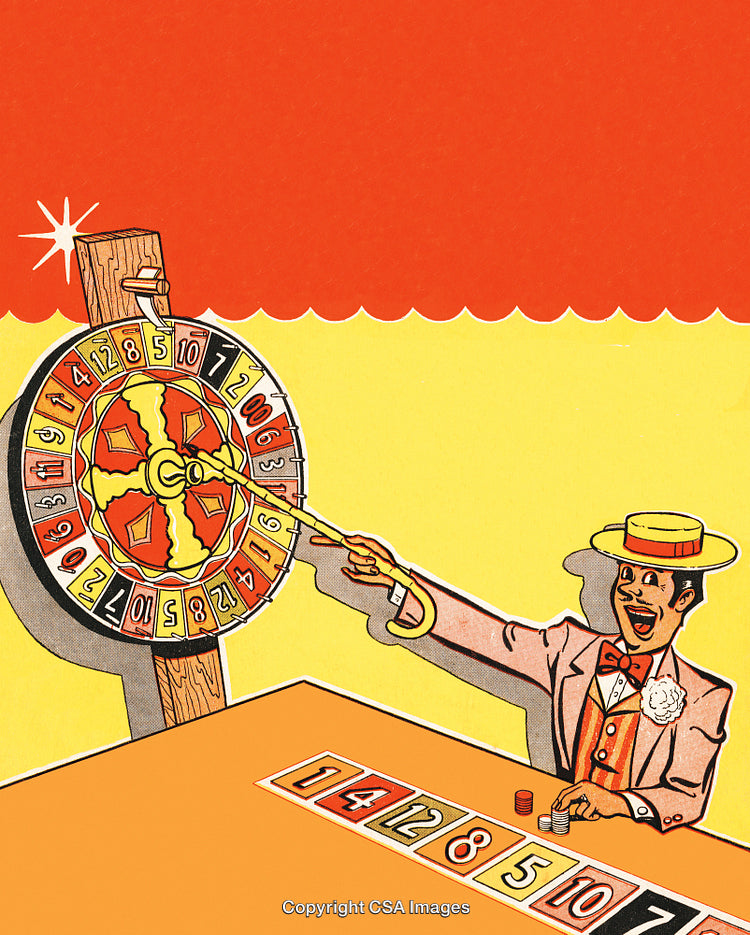 Vintage Carnival Poster Featuring Game Master and Spinning Prize Wheel