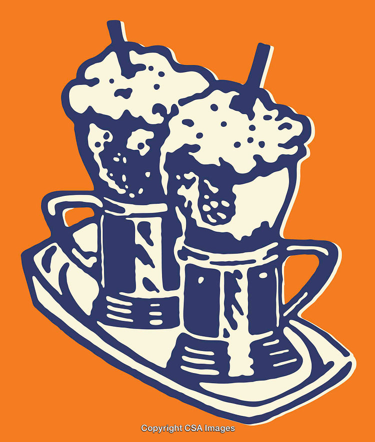 Whimsical Line Art Illustration of Frothy Drinks with Orange Backdrop