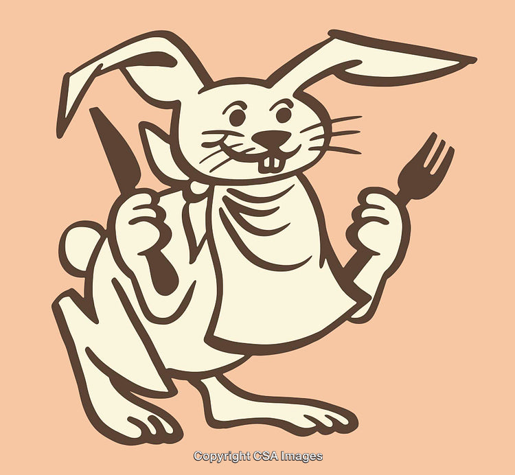 Cartoon Illustration of a Hungry Rabbit Holding Utensils in Color Line Art