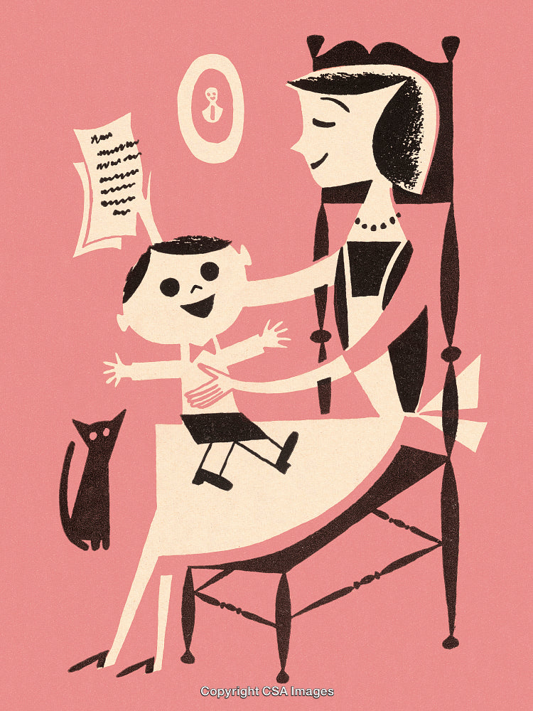 Vintage Style Illustration of a Mother and Child with Cat in Pink Background