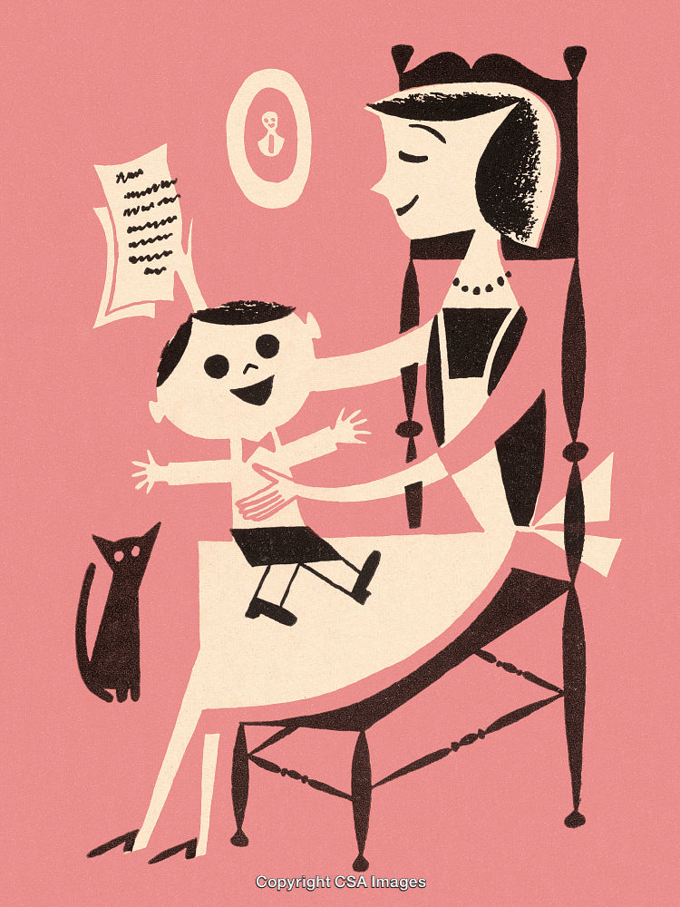 Vintage Style Illustration of a Mother and Child with Cat in Pink Background