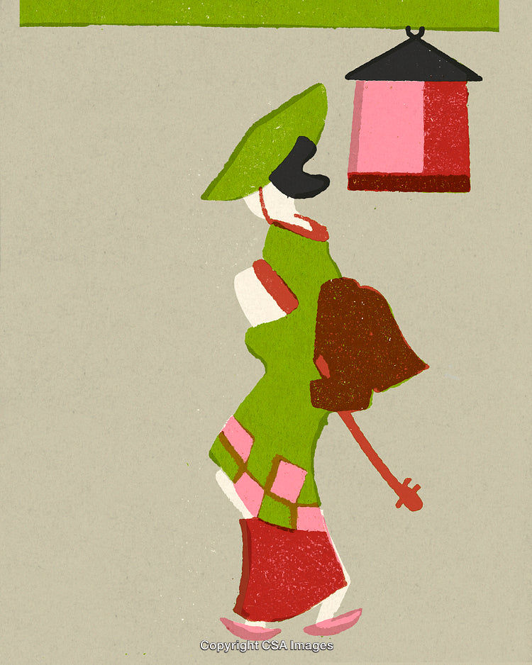 Minimalist Illustration of Woman in Vibrant Clothing Under Lantern