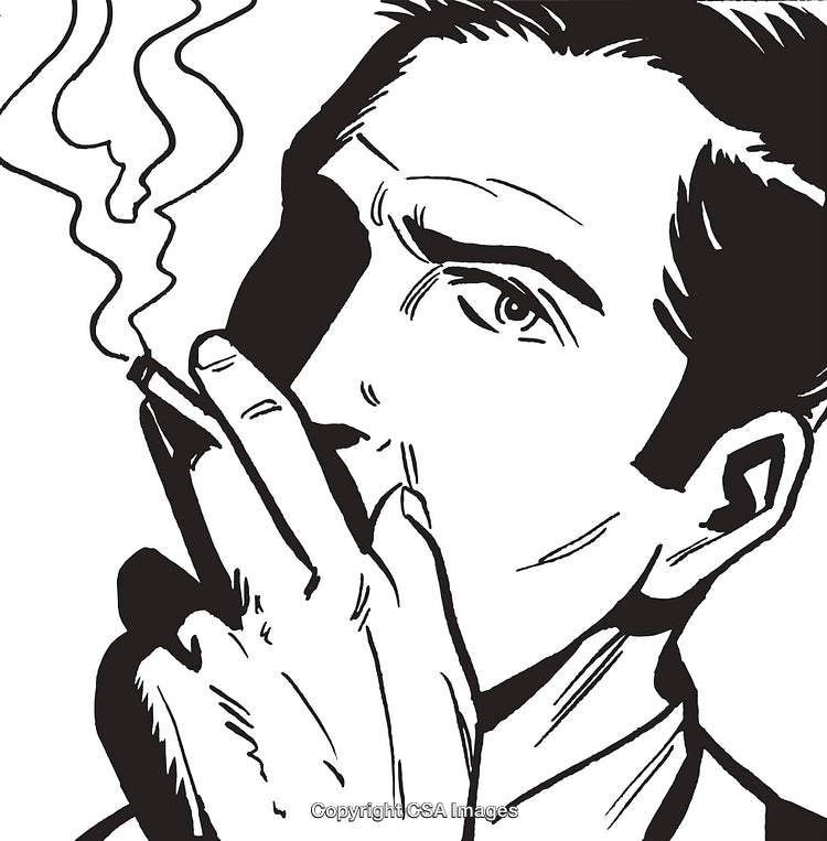 Black and White Illustration of Man Smoking a Cigarette with Bold Lines