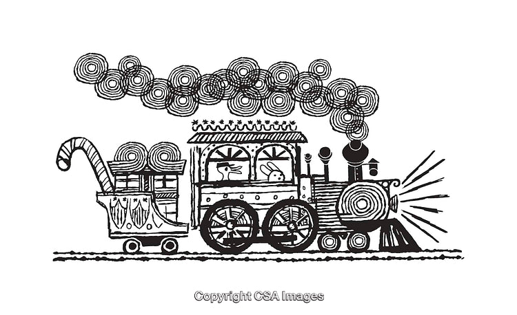 Detailed Line Art Illustration of Steam Train with Smoke Clouds