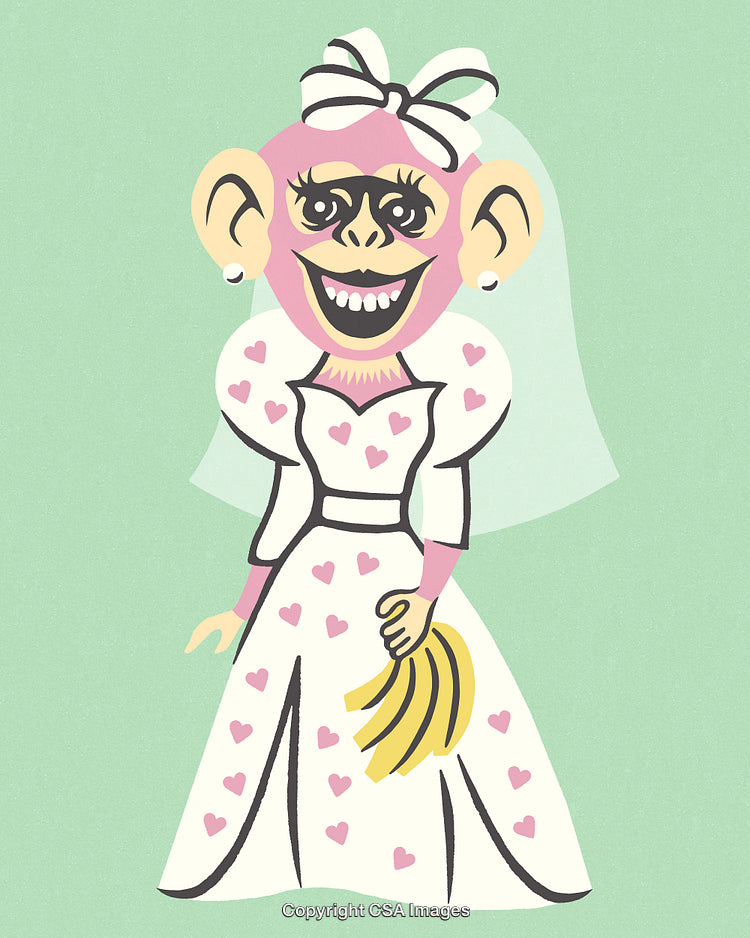 Cheerful Anthropomorphic Monkey Dressed as a Bride on a Pastel Background
